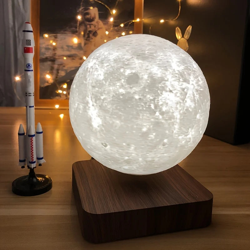 Magnetic Floating Rotating Moon Lamp with Wooden Base, 3 Color Temperature LED Night Lights of Print 3D for Unique Gifts, Room